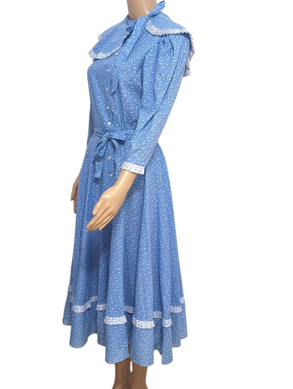 Vintage Foxy Lady Prairie Dress Blue Ditsy Floral Ruffle Collar Made in USA Sz 4 - Picture 3 of 7